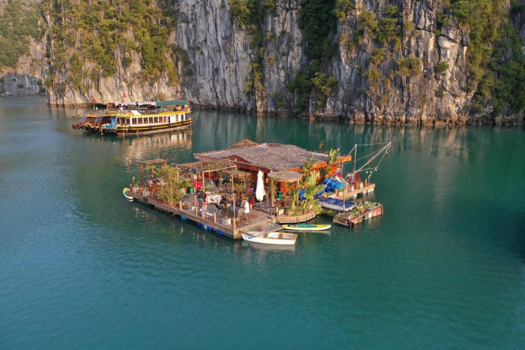a group of boats in the water next to a pier at Lan Ha Floating Homestay in Cat Ba