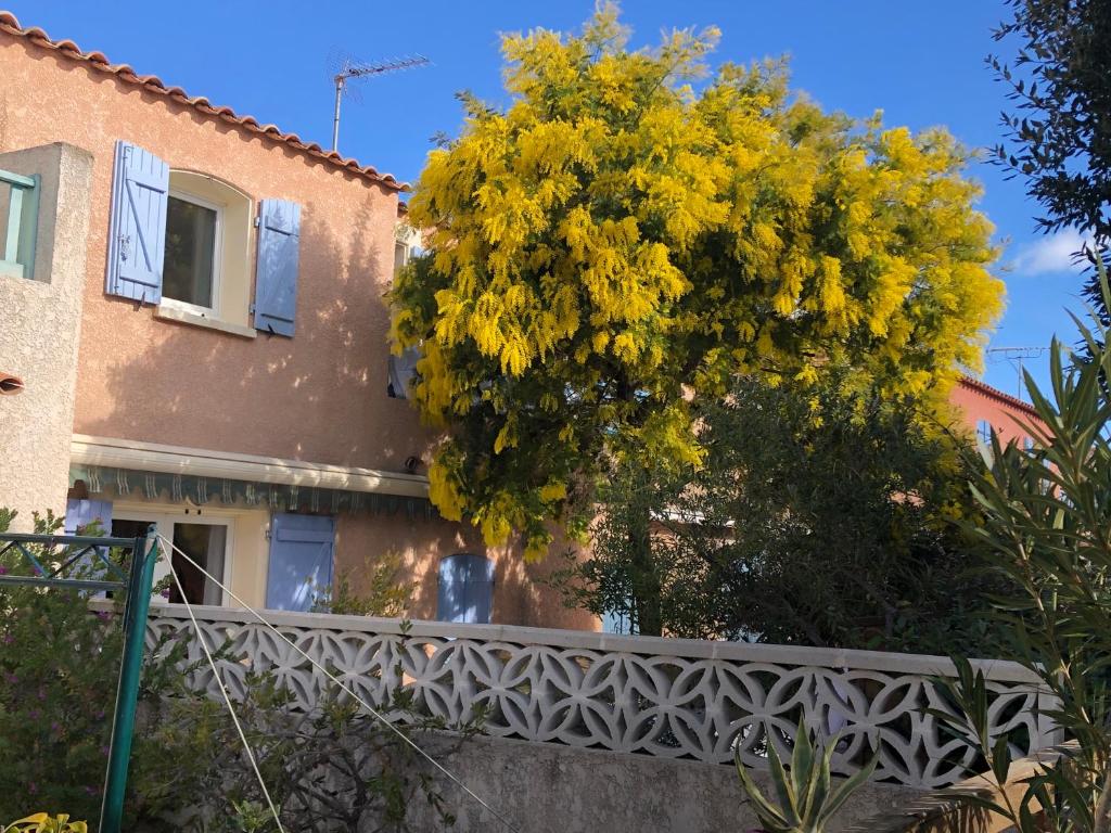 un árbol con flores amarillas delante de una casa en Résidence Les Jardins de la Clape, en Narbonne-Plage