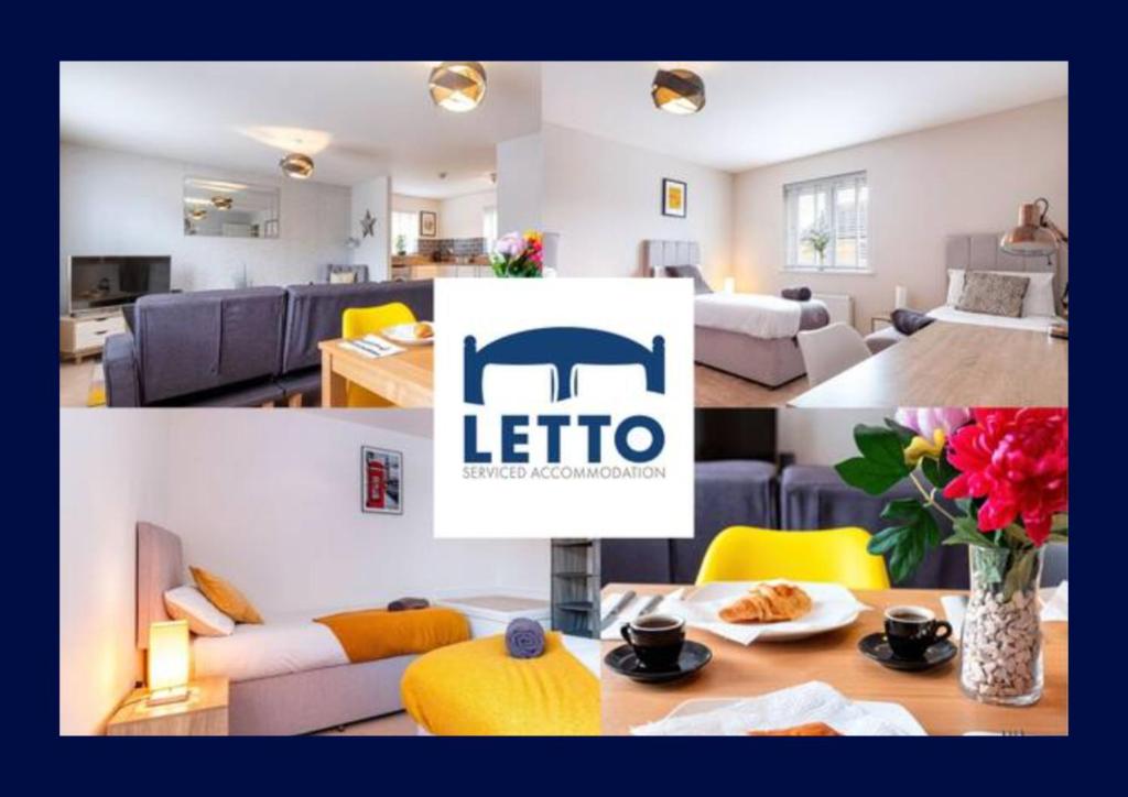 彼得伯勒的住宿－Letto Serviced Accommodation Peterborough - Davis House - PE7 - FREE Parking，客厅和客厅的照片拼合在一起