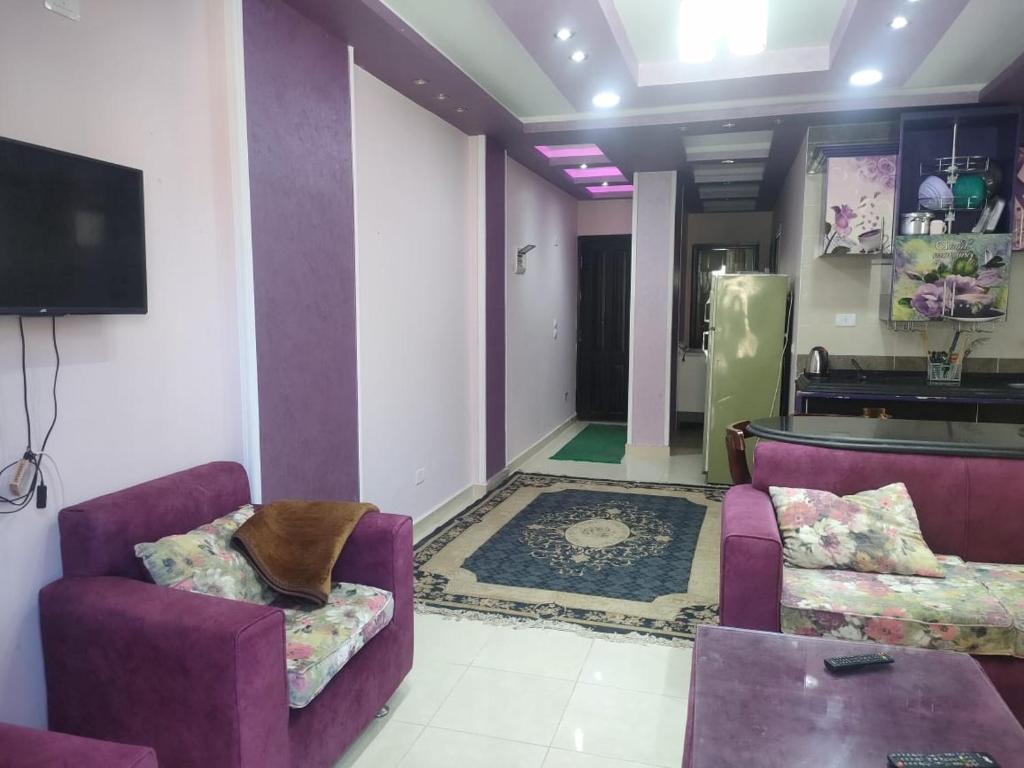 شاليه للايجار مارينا دلتا المنصوره الجديده في Al Ḩammād: غرفة معيشة مع كرسيين أرجوانيين وتلفزيون