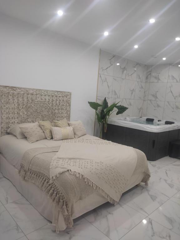 um quarto branco com uma cama e uma banheira em Spa NESSA em Saint-Andiol