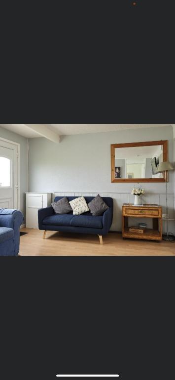 a living room with a blue couch and a mirror at Butterfly Chalets Norfolk in Scratby