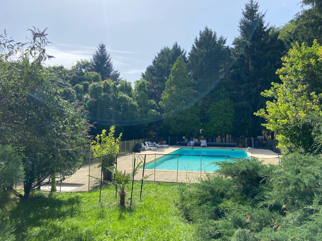 a swimming pool in a yard with trees at La Bastide d'Albignac in Le Dourn