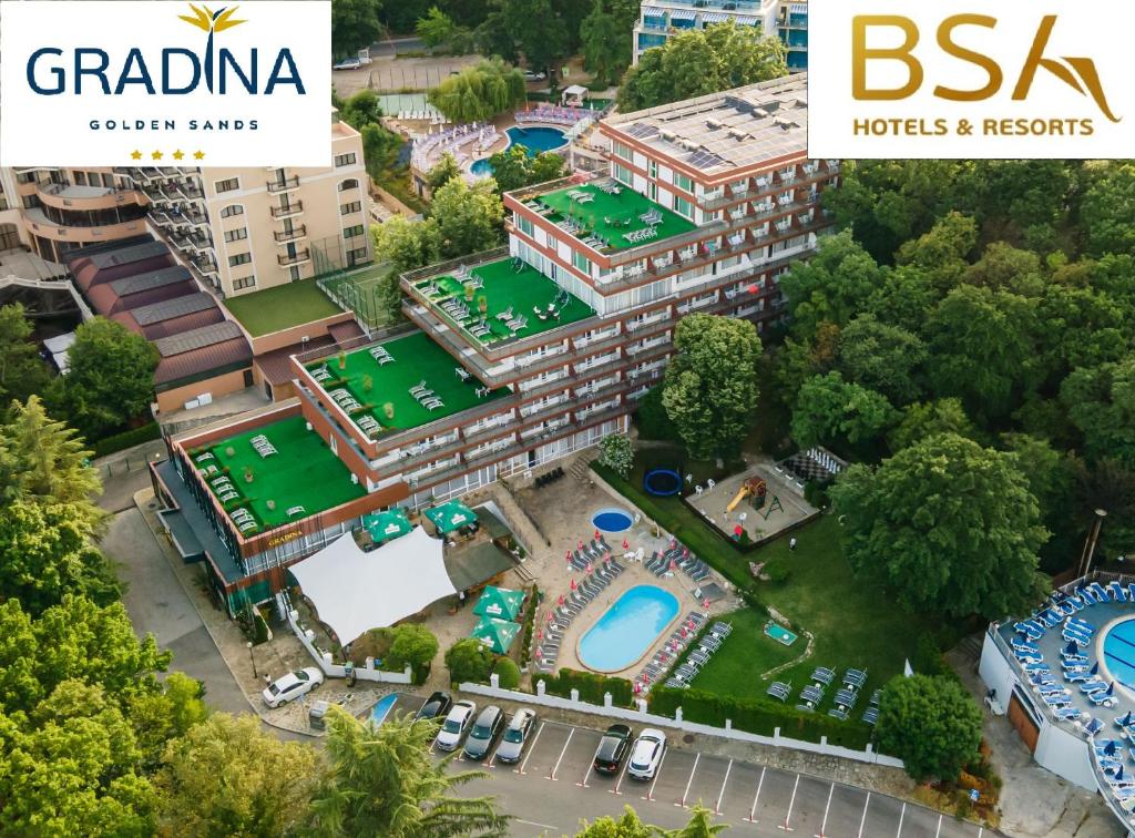 uma imagem de um edifício com piscina e um resort em BSA Gradina Hotel - All Inclusive & Private Beach em Golden Sands