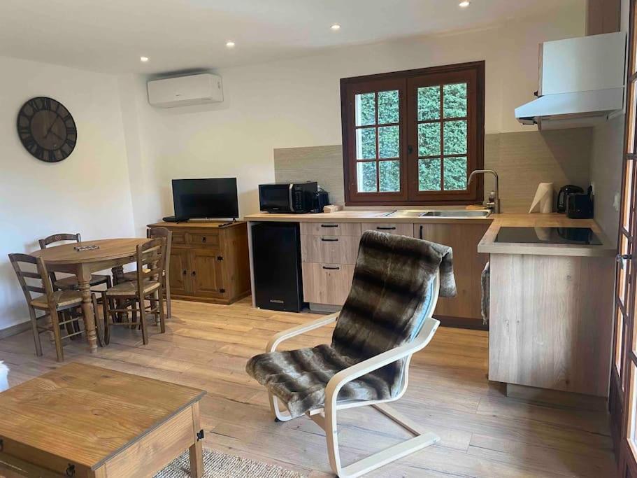 une cuisine et une salle à manger avec une chaise et une table dans l'établissement BEUIL 2 pieces (4 couchages), à Beuil