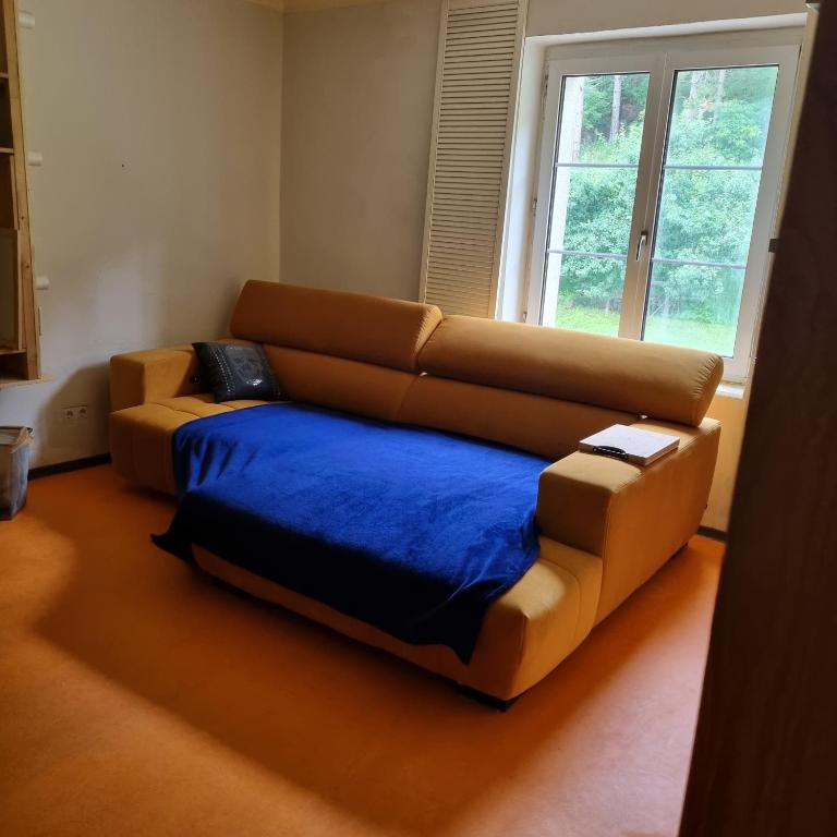 a couch in a living room with a blue blanket at Appartement free WiFi in Breitenau am Hochlantsch