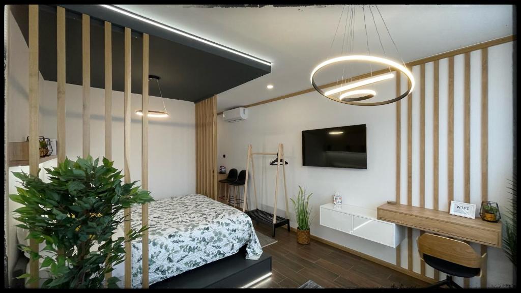 a bedroom with a bed and a tub and a tv at Good Knight Apartman in Szeged