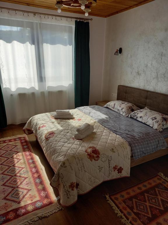 sypialnia z łóżkiem i dużym oknem w obiekcie Casa Blaju w mieście Colibiţa