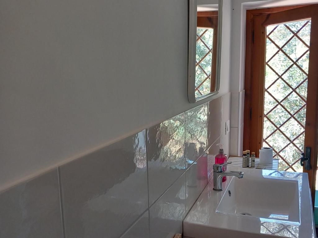 baño con lavabo y ventana en La casa del Pastore, en Rutino