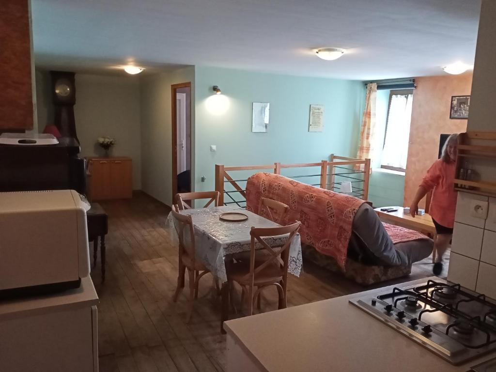 a kitchen and living room with a couch and a table at chez christine in Sainte-Marie