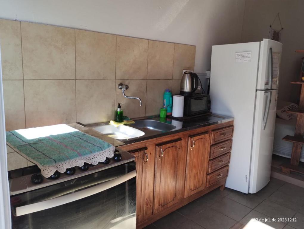 a kitchen with a sink and a white refrigerator at Departamento monoambiente hasta 4 personas- Maragus2 in Posadas