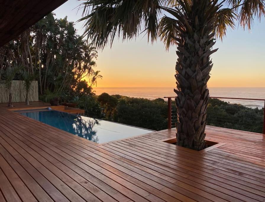 a wooden deck with a palm tree next to a swimming pool at Amasundu Beach House Trafalgar in Southbroom