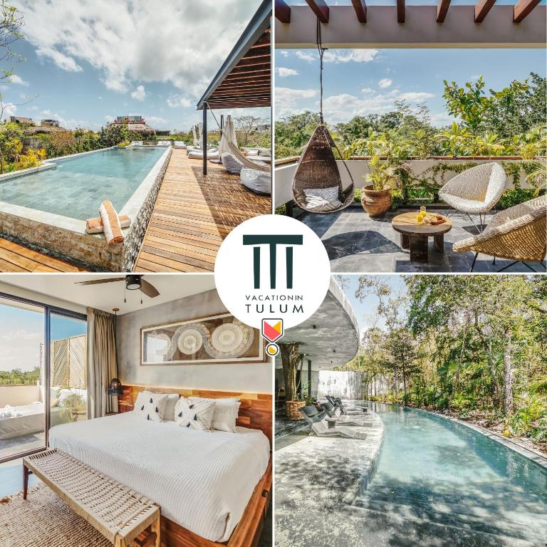 a collage of photos with a hotel and a swimming pool at Divine 1BR PH with Private Pool and Spectacular Pools in Tulum