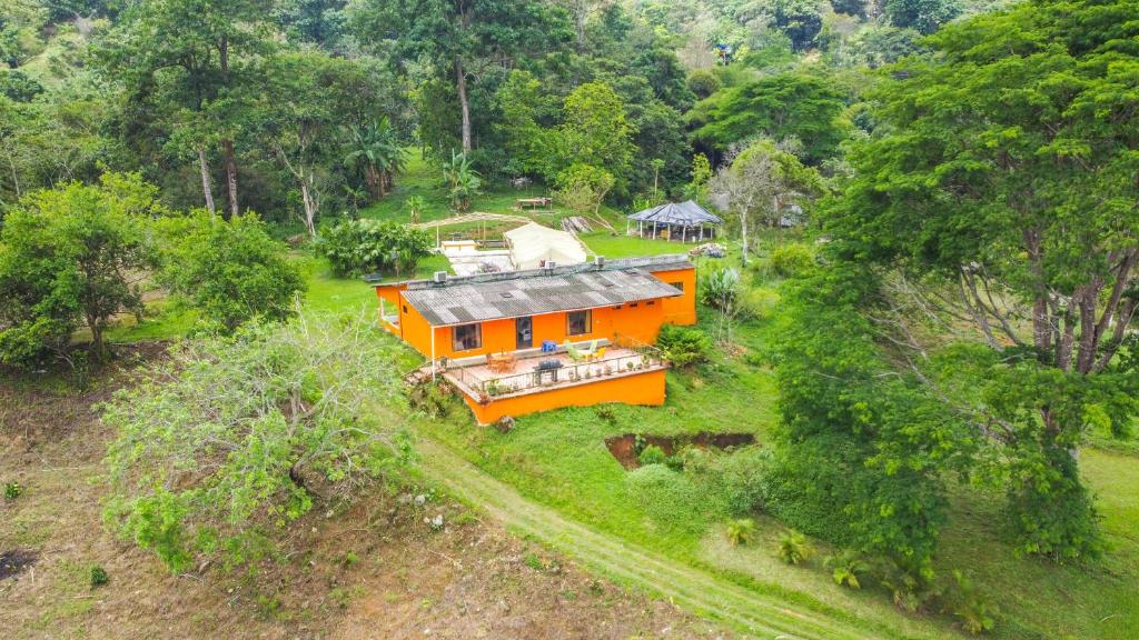 an orange house in the middle of a forest at Finca San Cayetano - Minca in Arimaca