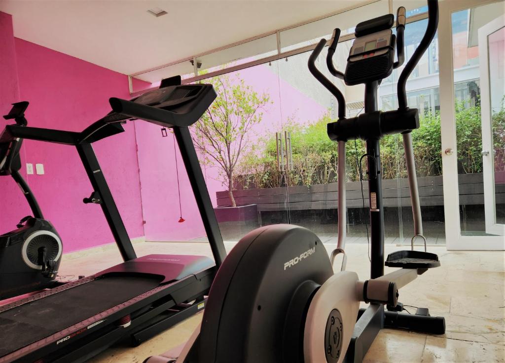 due cyclette in una palestra con una parete rosa di Downtown Ciudad de México a Città del Messico