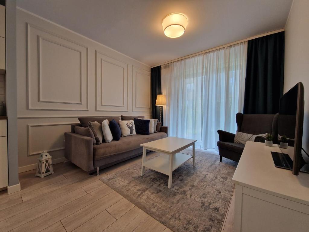 uma sala de estar com um sofá e uma mesa em Apartament Zawiśle em Toruń