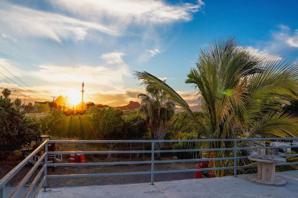 Blick auf den Sonnenuntergang hinter einigen Palmen in der Unterkunft Magical views of the Sea of Cortez with BBQ & Wi-fi in Rancho El Pozo