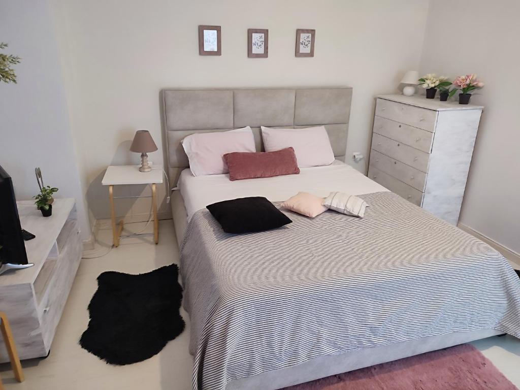Un dormitorio con una cama grande con dos almohadas. en CKBSM Central Square Apartment Kalamata, en Kalamata