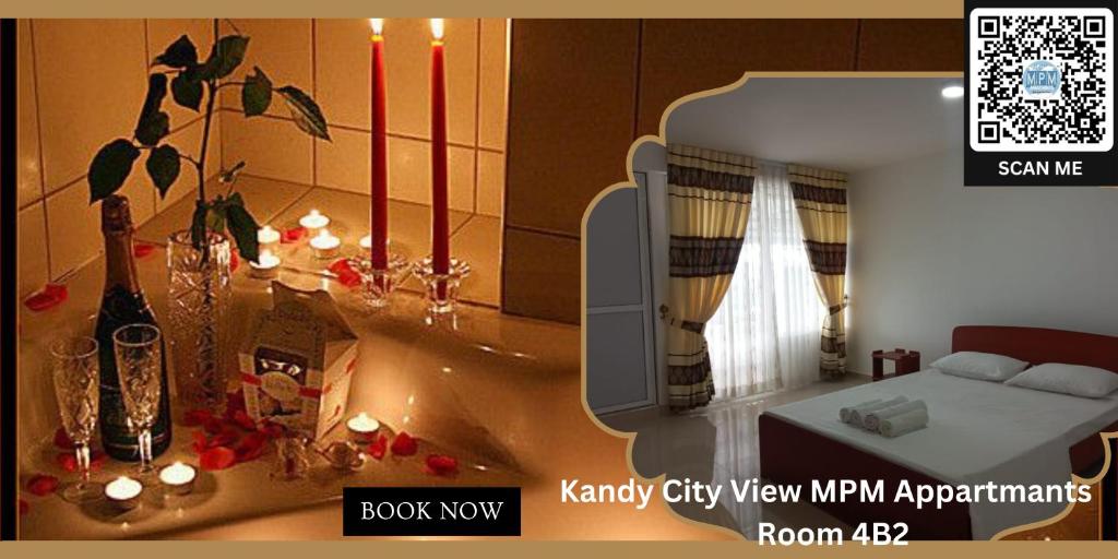 uma imagem de uma sala de estar com uma cama e velas em CITY VIEW KANDY - MPM APARTMENT 4A em Kandy