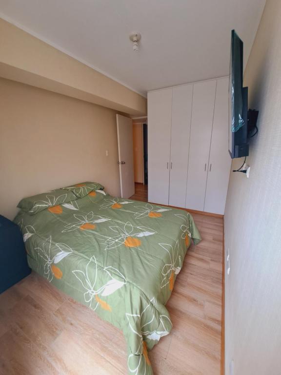 - une chambre avec un lit et une couette verte dans l'établissement Zegarra' s Home, à Lima