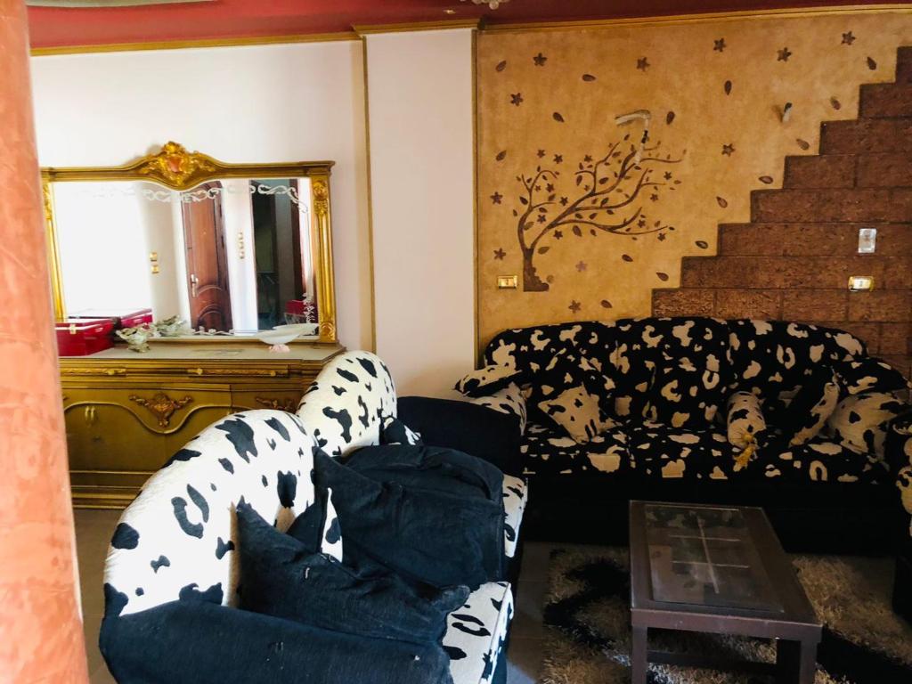 een woonkamer met een bank en een spiegel bij شقة عاطف المفروشة in Mansoura