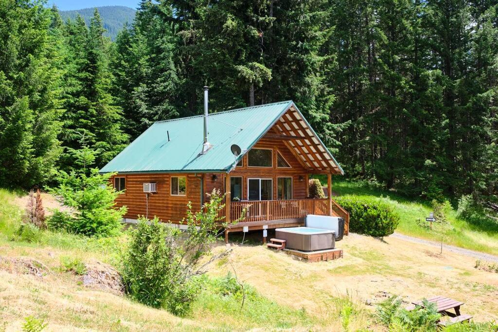 a log cabin in the middle of a field at Mountain View Cabin, Hot Tub at White Pass, Mt Rainier National Park in Packwood
