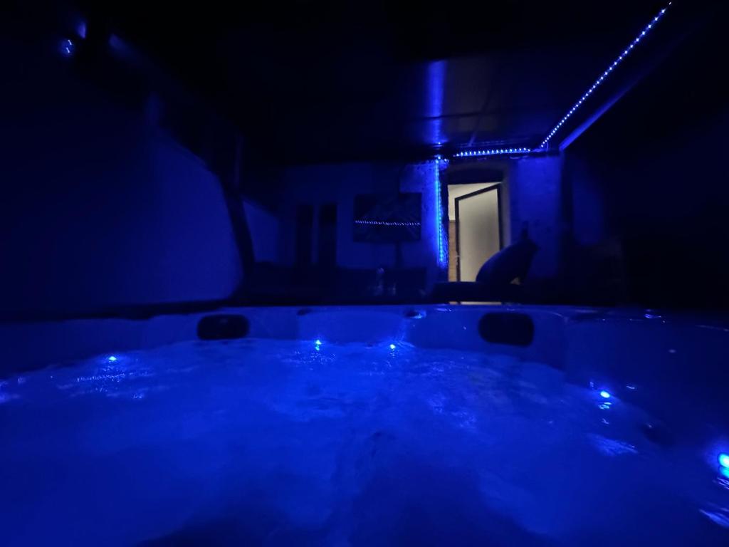 Cette chambre sombre dispose d'une baignoire avec des lumières bleues. dans l'établissement Maison spa relaxing, à Le Fief-Sauvin