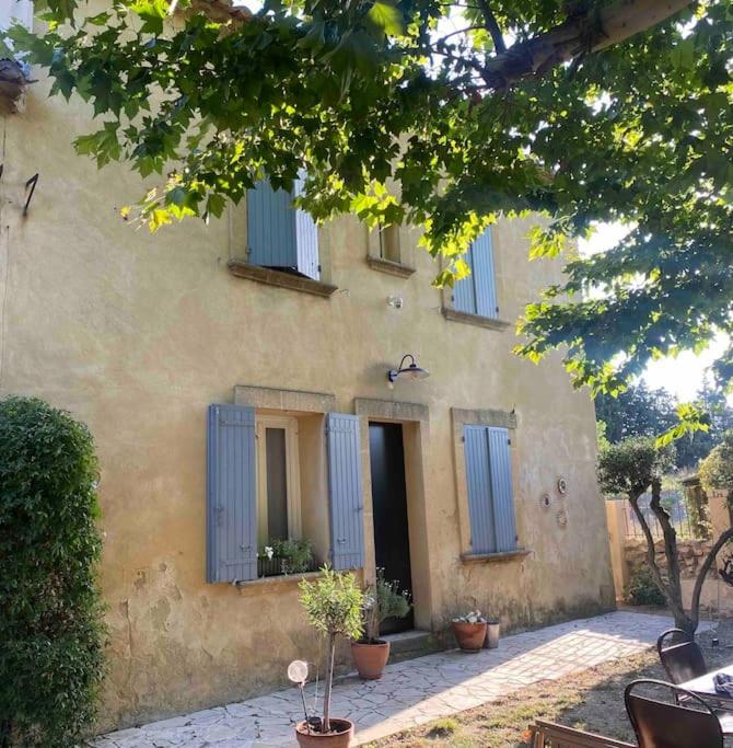 a building with blue shutters and plants in front of it at Madeleine sous son platane in Avignon