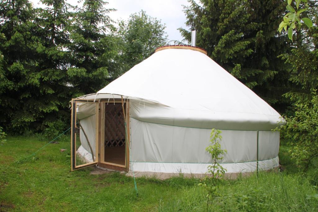 a yurt with a wooden door in the grass at Kirgisische Jurte der Hofmühle Pfaffroda in Olbernhau