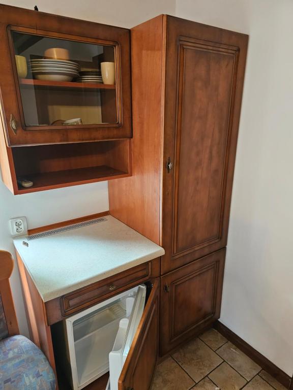 a kitchen with a wooden cabinet and a dishwasher at Zakątek Bursztynowy in Łeba