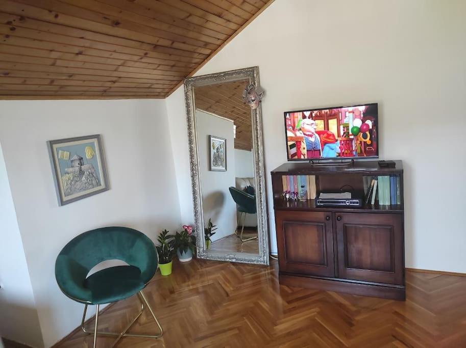 een woonkamer met een spiegel en een groene stoel bij Urban Retreat Zagoric in Podgorica
