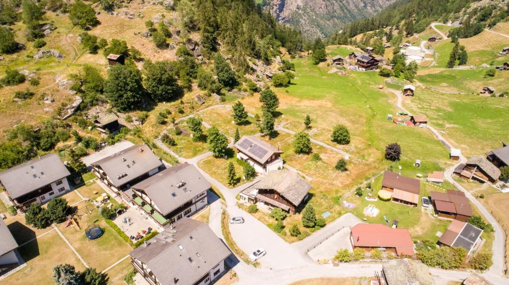 una vista aérea de un pequeño pueblo en las montañas en Pop-Up Camping Grächbiel, en Grächen