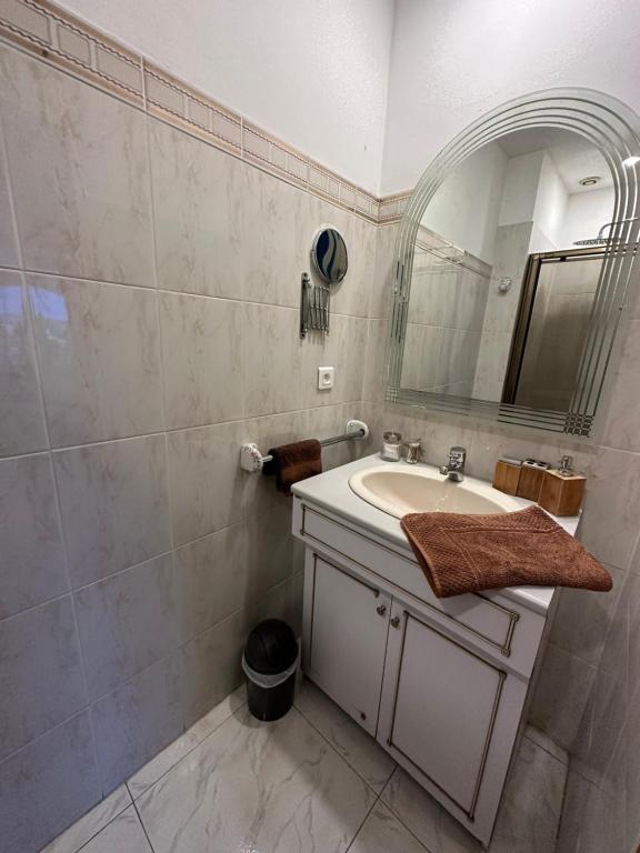 uma casa de banho com um lavatório e um espelho em Chambre privée avec salle d’eau et terrasse au calme em Le Cannet