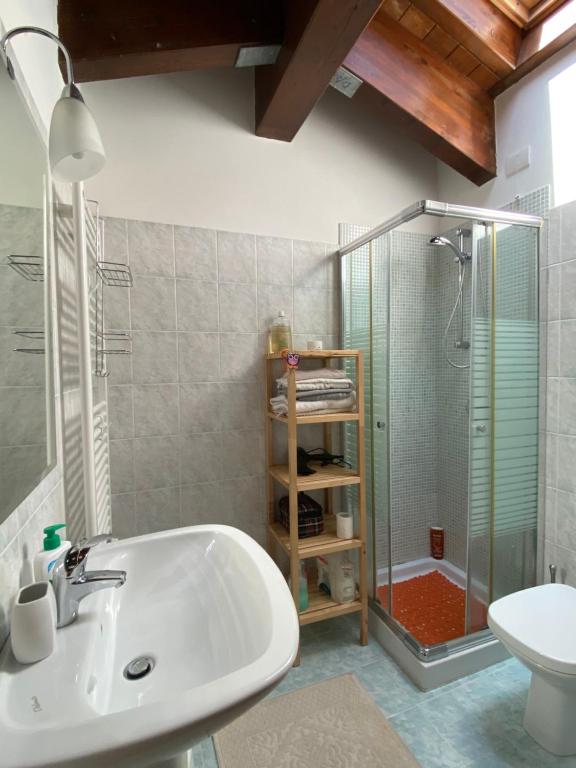 ein Badezimmer mit einem weißen Waschbecken und einer Dusche in der Unterkunft Duplex nuovo e grazioso in Capracotta