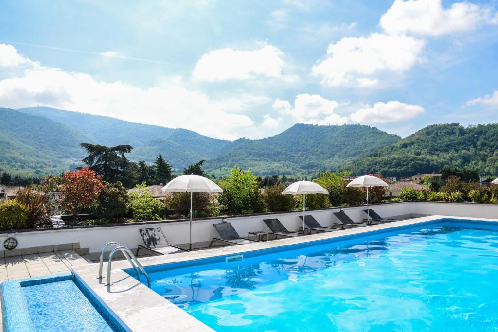 a swimming pool with a view of mountains at Regal Hotel in Brescia