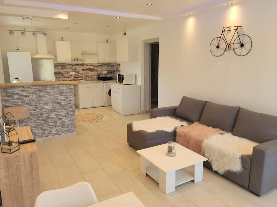 sala de estar con sofá y mesa en Superbe appartement, en Saint-Hilaire-du-Rosier