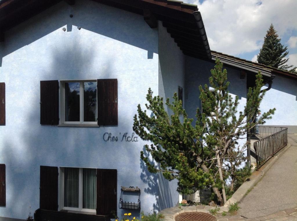 ein blau-weißes Haus mit einem Baum davor in der Unterkunft Apartment Ches'Acla in Pontresina