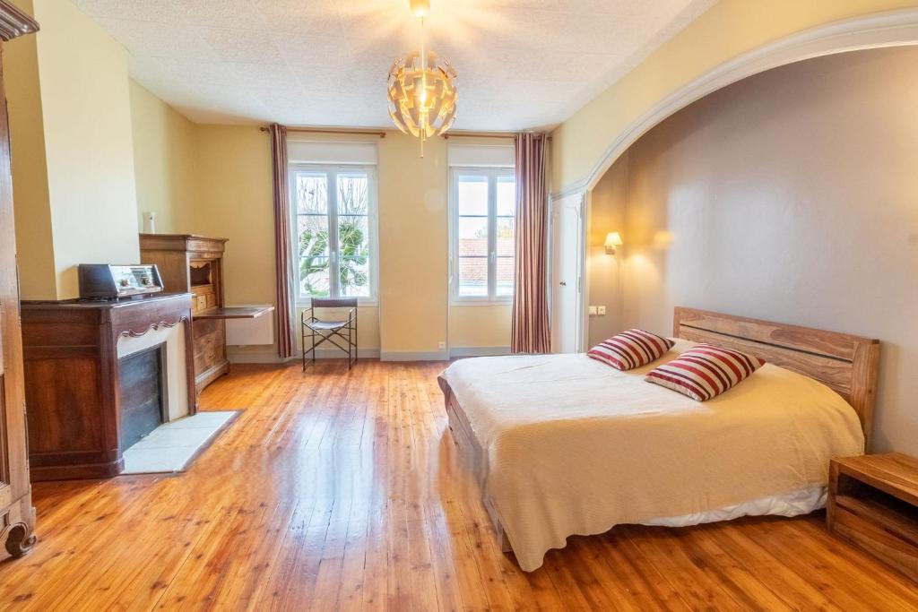 a large bedroom with a bed and a fireplace at Le Vieux Chai in Jonzac