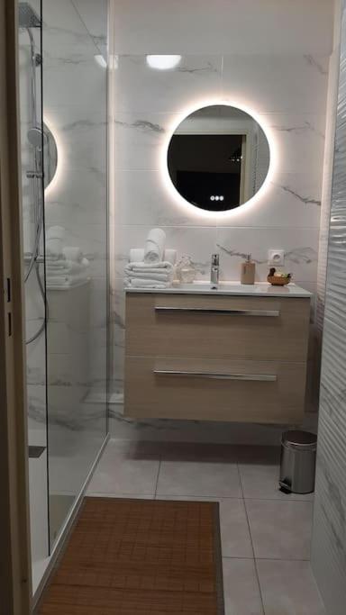 une salle de bain avec une douche, un lavabo et un miroir dans l'établissement Nouveau cœur de ville, 100 m de la plage, spacieux, à Sainte-Maxime