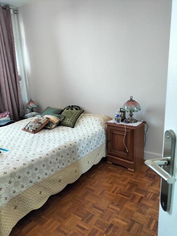 Schlafzimmer mit einem Bett und Holzboden in der Unterkunft Balcon surplombant le sud de Paris in Arcueil