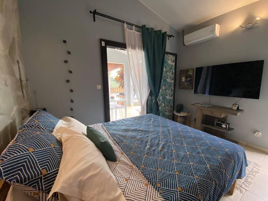 a bedroom with a bed with a blue comforter and a television at Cocooning Tropic Studio avec Jacuzzi privatif in Saint-Louis
