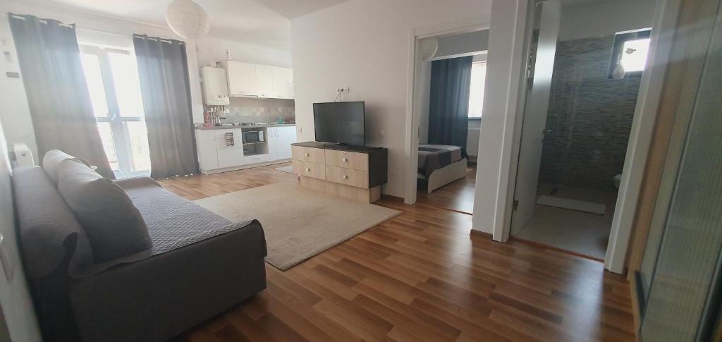 een woonkamer met een bank en een televisie bij Welcome In(n) Central Pitești in Piteşti