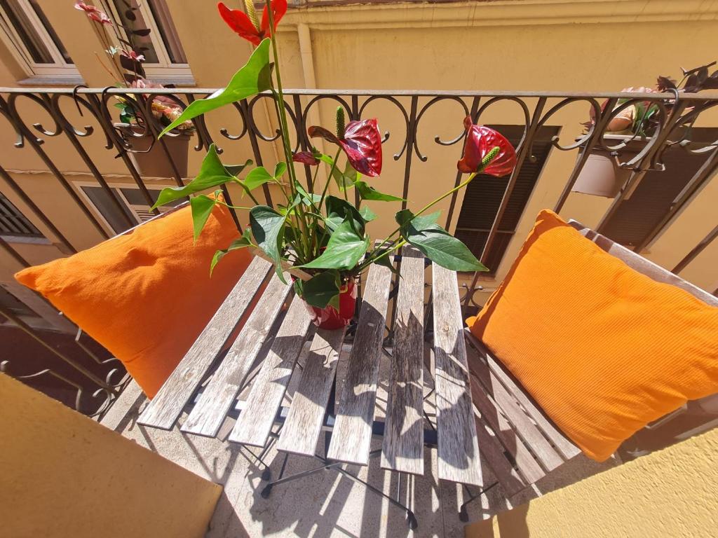 a table with a potted plant on a balcony at DUNA Y DANA in Palamós