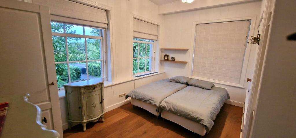 a bedroom with a bed and two windows at Amsterdam Mansion - Twiske in Oostzaan
