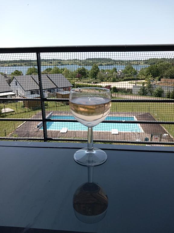 ein Glas Wein vor einem Fenster in der Unterkunft Lacs de l'eau d'heure B25 in Erpion