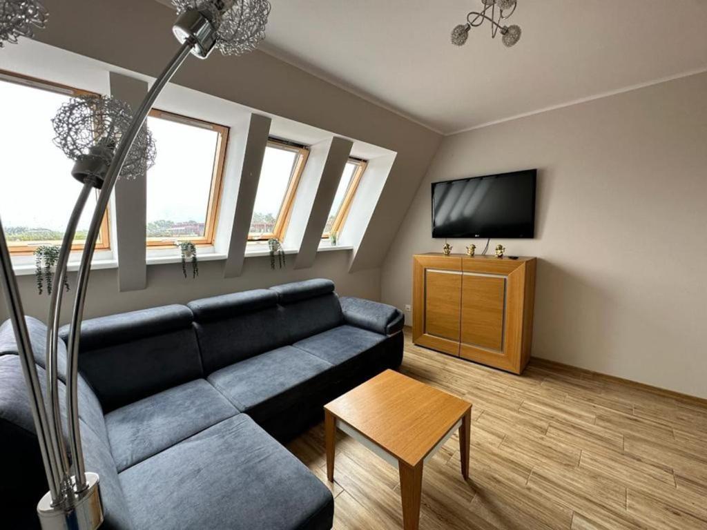 a living room with a couch and a tv at Apartamenty Firfas Rodzinny 11 in Bydgoszcz