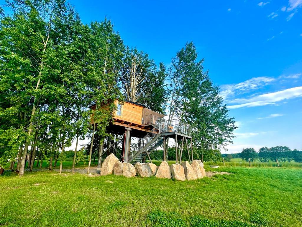 una casa en el árbol en medio de un campo en Zelený ostroff Treehouse, en Jiříkov