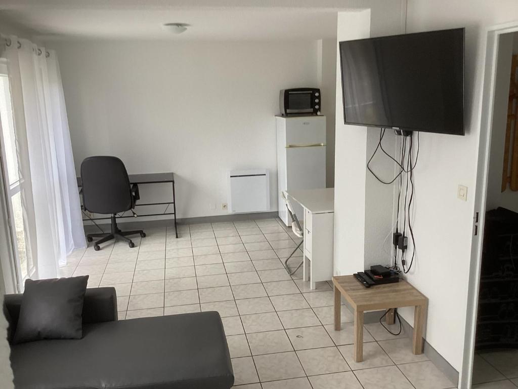 salon z kanapą i telewizorem z płaskim ekranem w obiekcie T2 calme proche plage de Porcé w mieście Saint-Nazaire