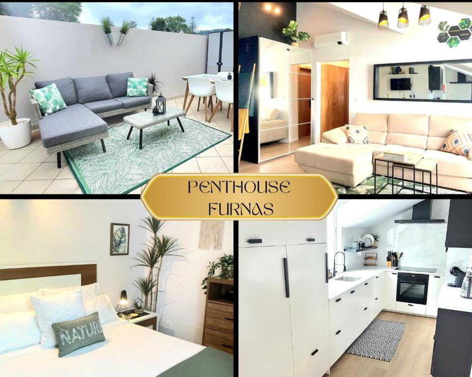 a collage of photos of a living room and a apartment at Penthouse Furnas in Furnas