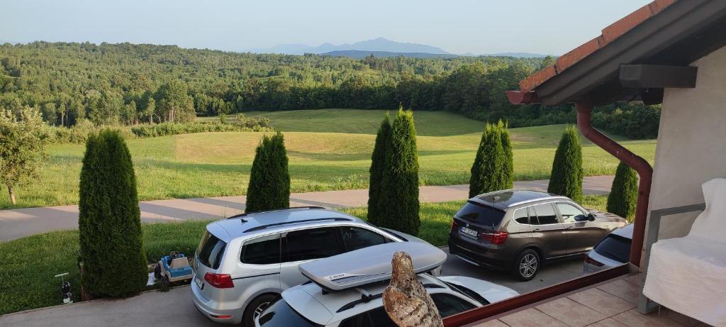 two cars parked on a porch with a view of a golf course at Melissa 1Apartman in Rakovica